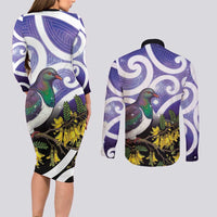 Kekeru New Zealand Matariki Couples Matching Long Sleeve Bodycon Dress and Long Sleeve Button Shirt Kukupa Kowhai Maori New Year Purple Version