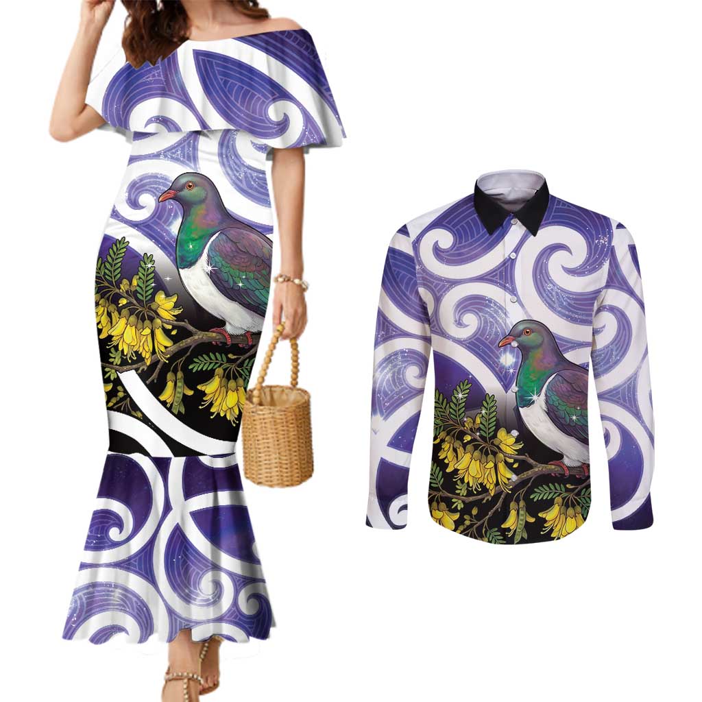 Kekeru New Zealand Matariki Couples Matching Mermaid Dress and Long Sleeve Button Shirt Kukupa Kowhai Maori New Year Purple Version