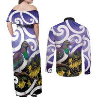 Kekeru New Zealand Matariki Couples Matching Off Shoulder Maxi Dress and Long Sleeve Button Shirt Kukupa Kowhai Maori New Year Purple Version