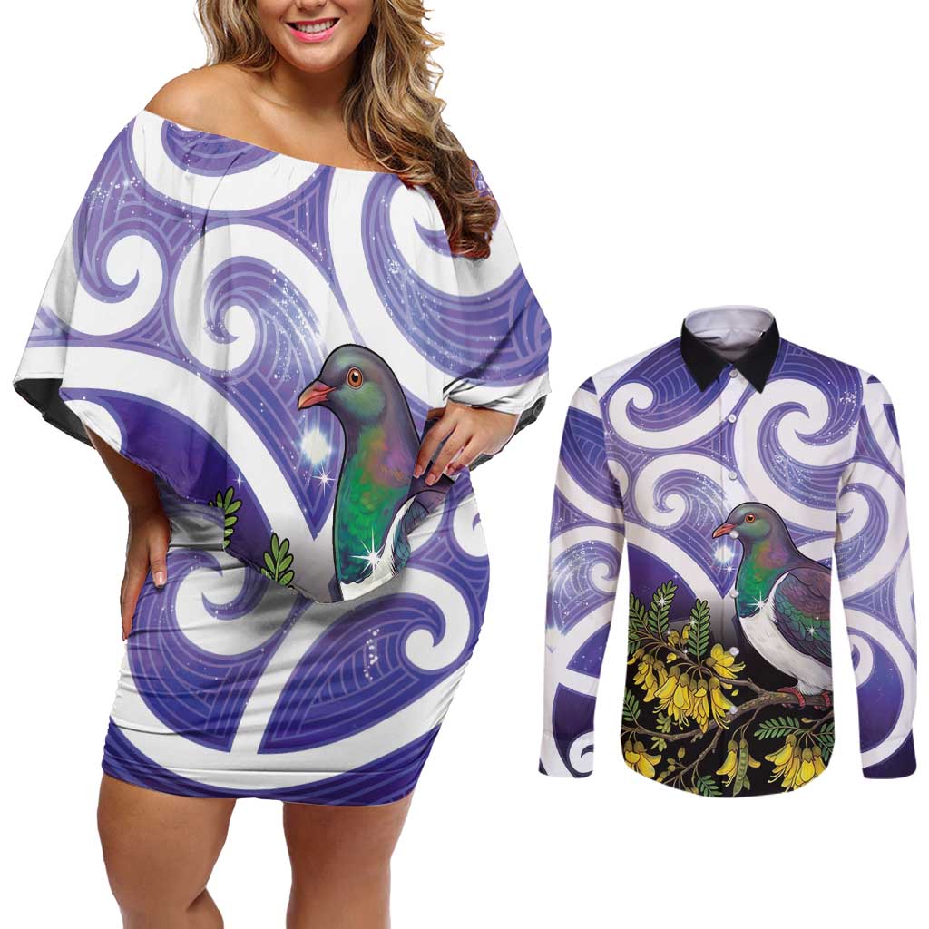 Kekeru New Zealand Matariki Couples Matching Off Shoulder Short Dress and Long Sleeve Button Shirt Kukupa Kowhai Maori New Year Purple Version LT14 Purple - Polynesian Pride