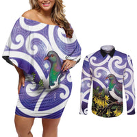 Kekeru New Zealand Matariki Couples Matching Off Shoulder Short Dress and Long Sleeve Button Shirt Kukupa Kowhai Maori New Year Purple Version