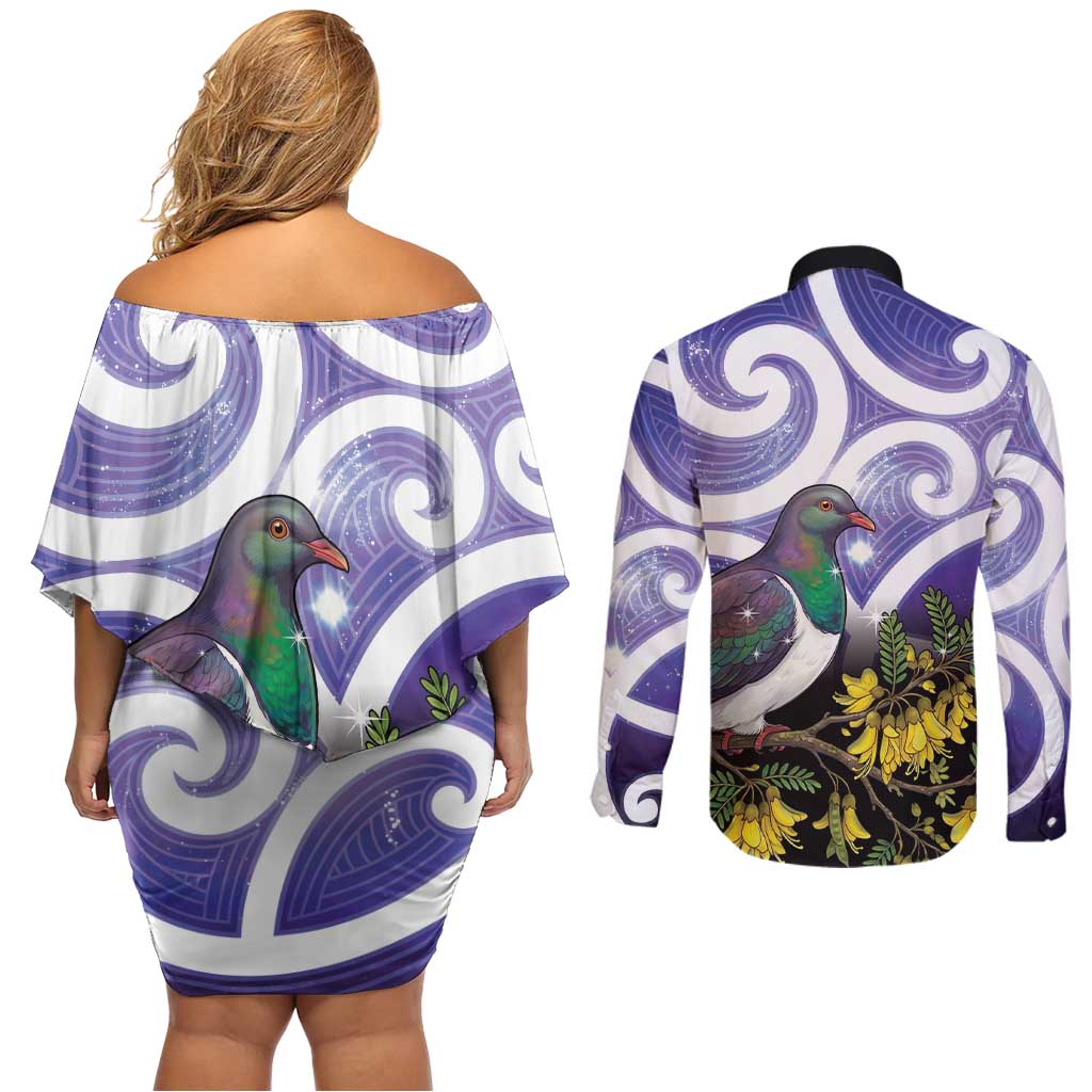 Kekeru New Zealand Matariki Couples Matching Off Shoulder Short Dress and Long Sleeve Button Shirt Kukupa Kowhai Maori New Year Purple Version