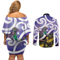 Kekeru New Zealand Matariki Couples Matching Off Shoulder Short Dress and Long Sleeve Button Shirt Kukupa Kowhai Maori New Year Purple Version