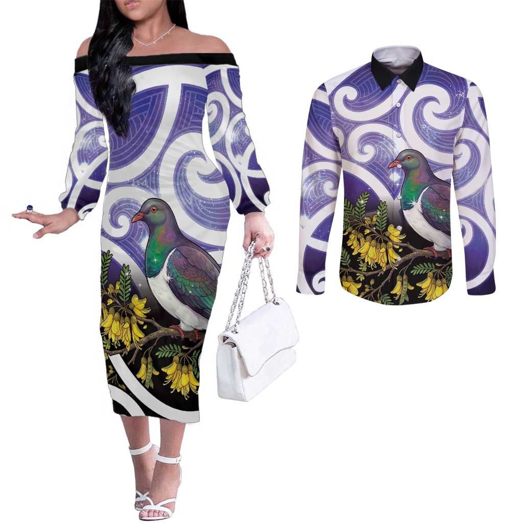 Kekeru New Zealand Matariki Couples Matching Off The Shoulder Long Sleeve Dress and Long Sleeve Button Shirt Kukupa Kowhai Maori New Year Purple Version