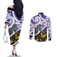 Kekeru New Zealand Matariki Couples Matching Off The Shoulder Long Sleeve Dress and Long Sleeve Button Shirt Kukupa Kowhai Maori New Year Purple Version