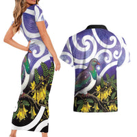 Kekeru New Zealand Matariki Couples Matching Short Sleeve Bodycon Dress and Hawaiian Shirt Kukupa Kowhai Maori New Year Purple Version