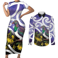 Kekeru New Zealand Matariki Couples Matching Short Sleeve Bodycon Dress and Long Sleeve Button Shirt Kukupa Kowhai Maori New Year Purple Version
