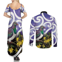 Kekeru New Zealand Matariki Couples Matching Summer Maxi Dress and Long Sleeve Button Shirt Kukupa Kowhai Maori New Year Purple Version