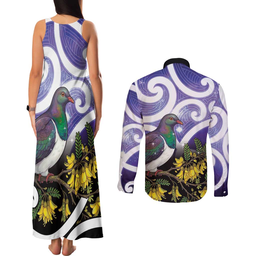 Kekeru New Zealand Matariki Couples Matching Tank Maxi Dress and Long Sleeve Button Shirt Kukupa Kowhai Maori New Year Purple Version