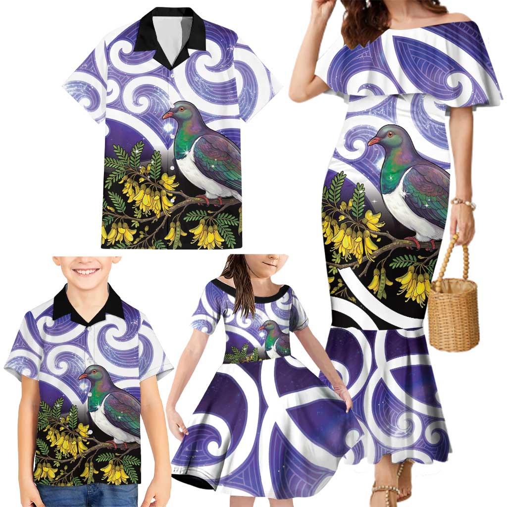 Kekeru New Zealand Matariki Family Matching Mermaid Dress and Hawaiian Shirt Kukupa Kowhai Maori New Year Purple Version