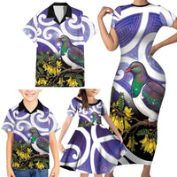 Kekeru New Zealand Matariki Family Matching Short Sleeve Bodycon Dress and Hawaiian Shirt Kukupa Kowhai Maori New Year Purple Version