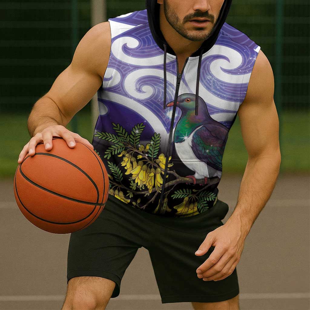 Kekeru New Zealand Matariki Sleeveless Zip Hoodie Kukupa Kowhai Maori New Year Purple Version