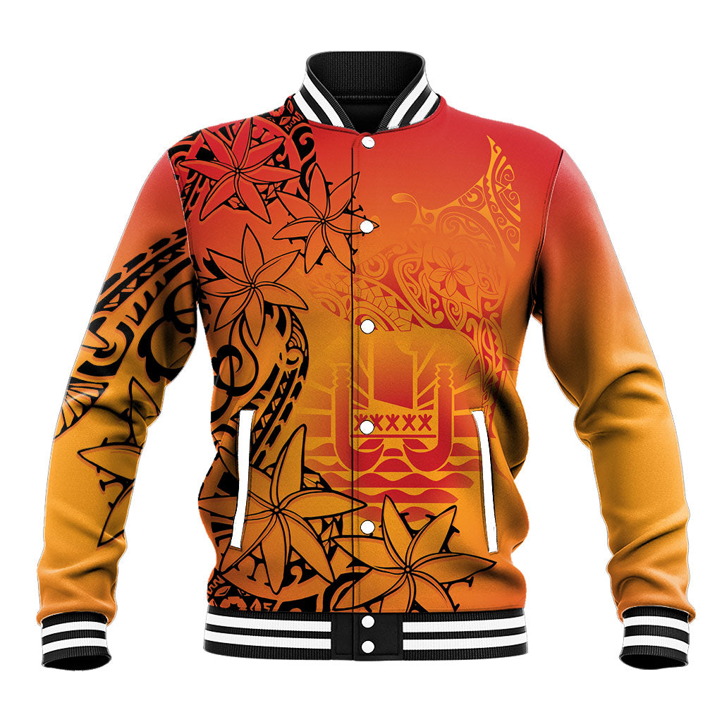 French Polynesia Manta Ray Tattoo Baseball Jacket Tahiti Hahalua Tiare Maori Gradient Style LT14 Unisex Orange - Polynesian Pride