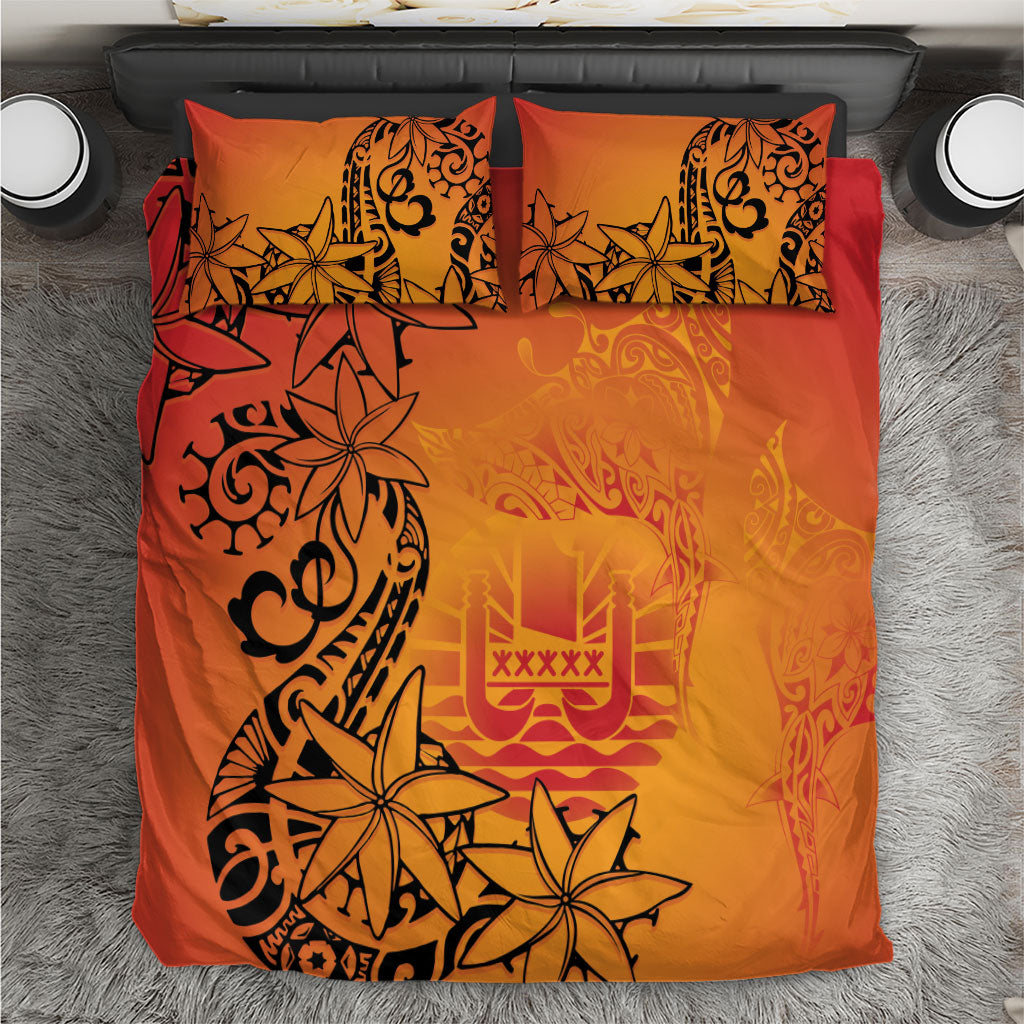 French Polynesia Manta Ray Tattoo Bedding Set Tahiti Hahalua Tiare Maori Gradient Style
