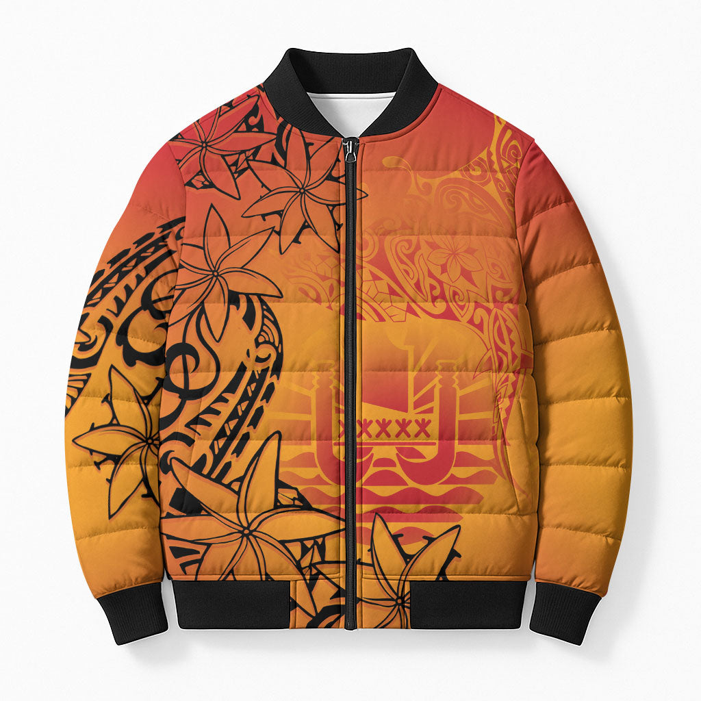 French Polynesia Manta Ray Tattoo Bomber Puffer Jacket Tahiti Hahalua Tiare Maori Gradient Style LT14 Unisex Orange - Polynesian Pride