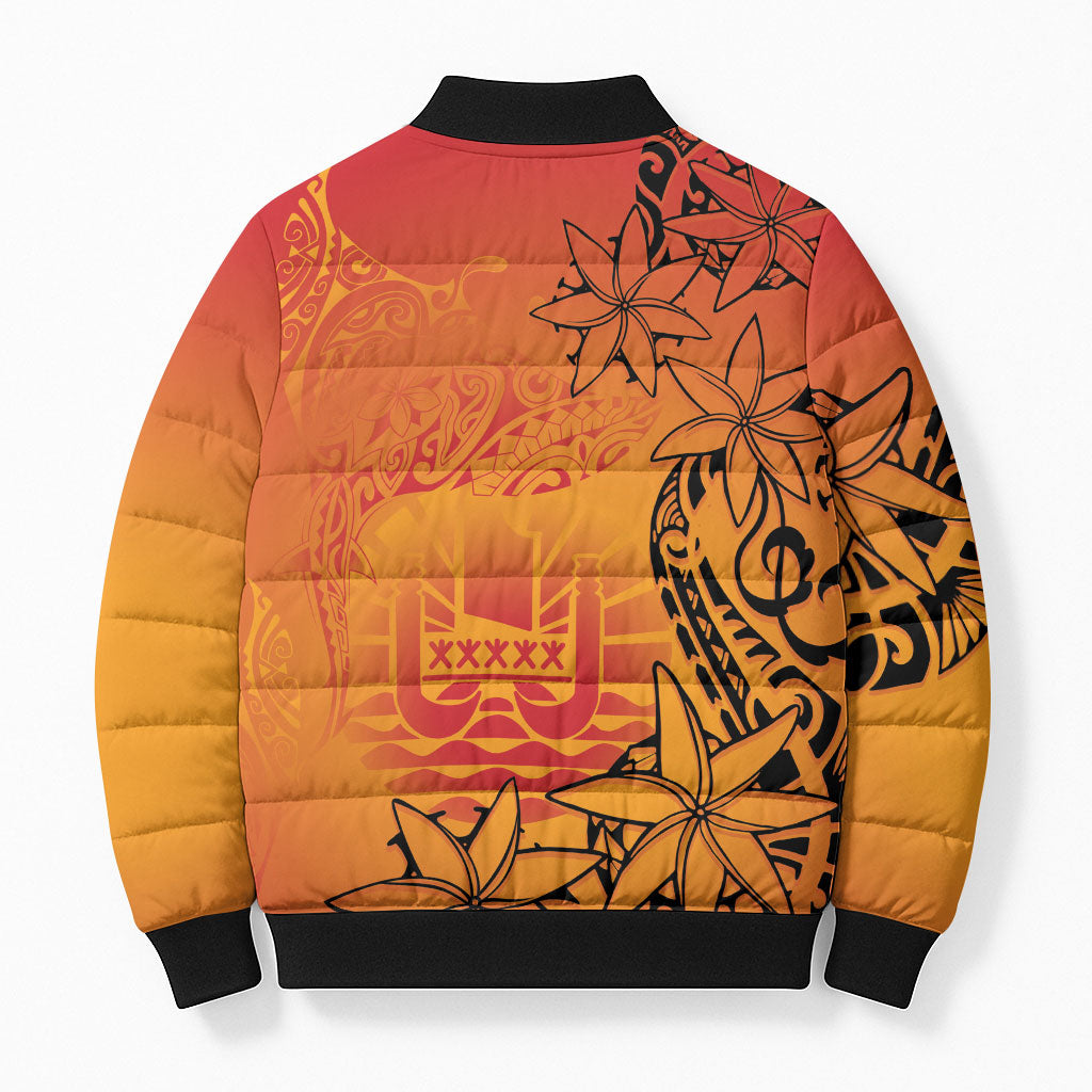 French Polynesia Manta Ray Tattoo Bomber Puffer Jacket Tahiti Hahalua Tiare Maori Gradient Style LT14 - Polynesian Pride