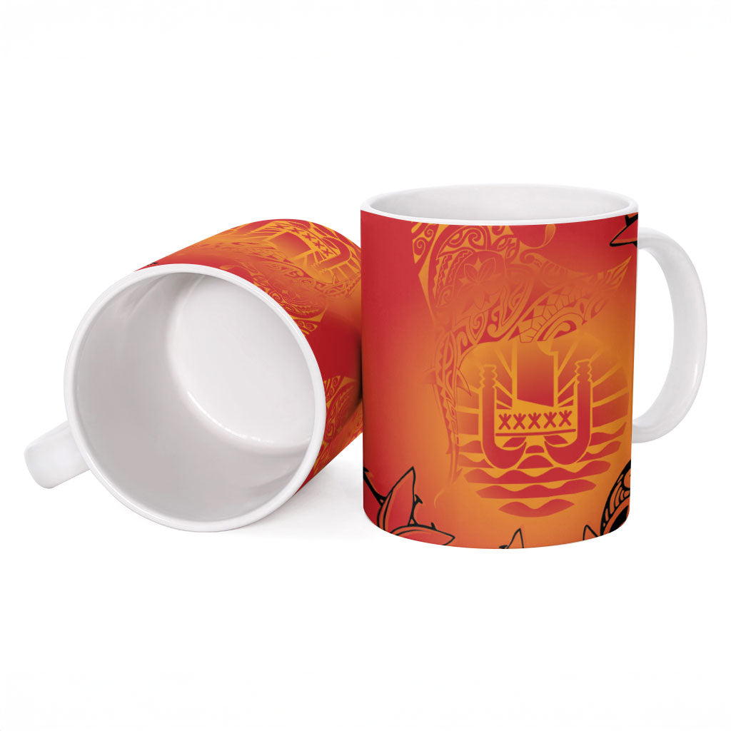 French Polynesia Manta Ray Tattoo Ceramic Mug Tahiti Hahalua Tiare Maori Gradient Style