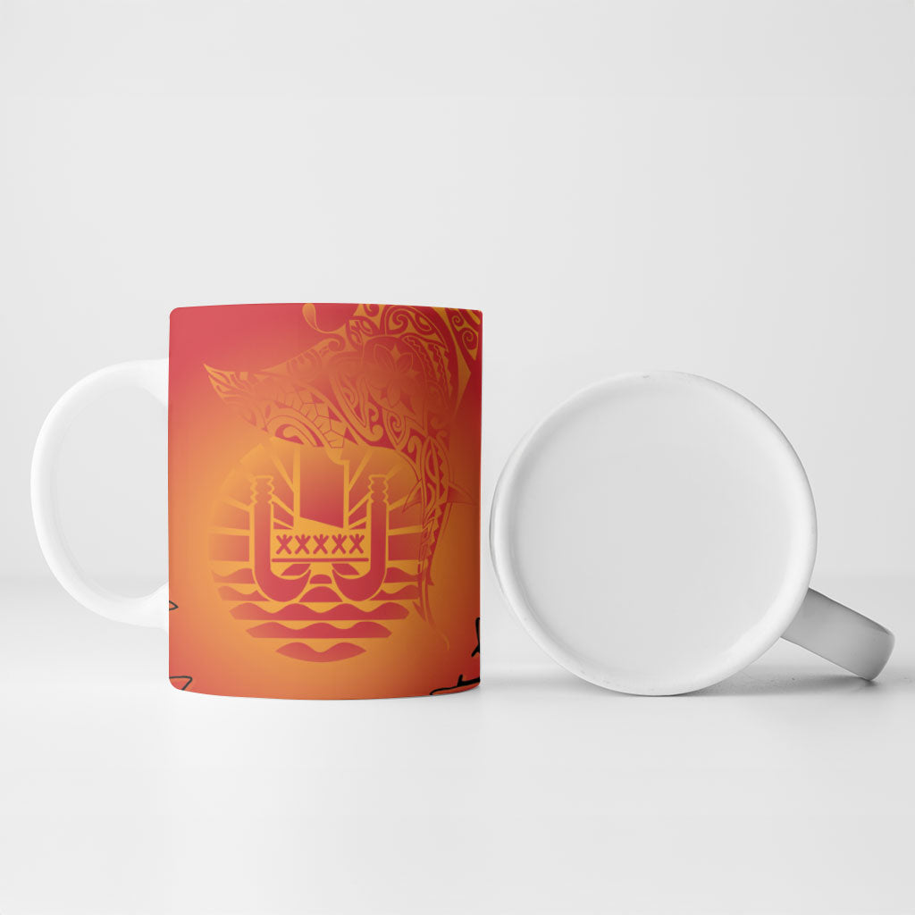 French Polynesia Manta Ray Tattoo Ceramic Mug Tahiti Hahalua Tiare Maori Gradient Style