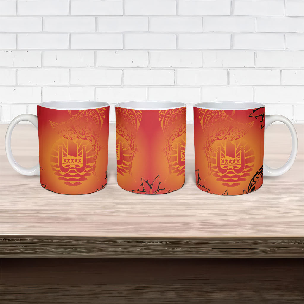French Polynesia Manta Ray Tattoo Ceramic Mug Tahiti Hahalua Tiare Maori Gradient Style