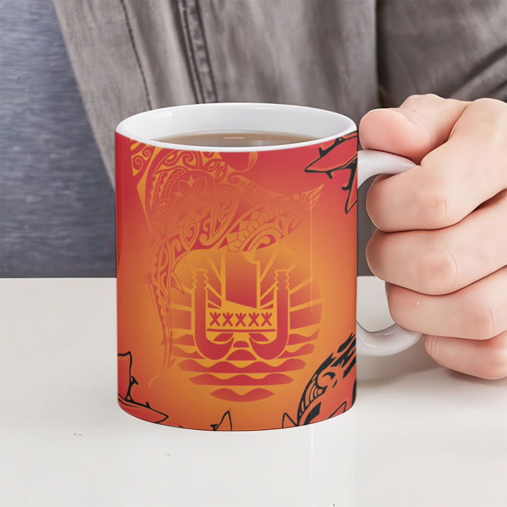 French Polynesia Manta Ray Tattoo Ceramic Mug Tahiti Hahalua Tiare Maori Gradient Style