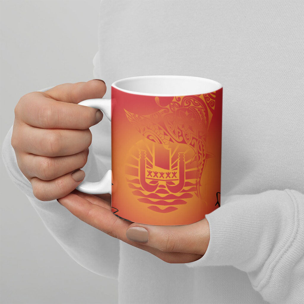 French Polynesia Manta Ray Tattoo Ceramic Mug Tahiti Hahalua Tiare Maori Gradient Style