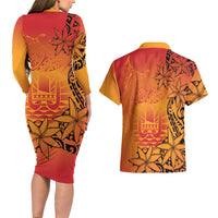 French Polynesia Manta Ray Tattoo Couples Matching Long Sleeve Bodycon Dress and Hawaiian Shirt Tahiti Hahalua Tiare Maori Gradient Style