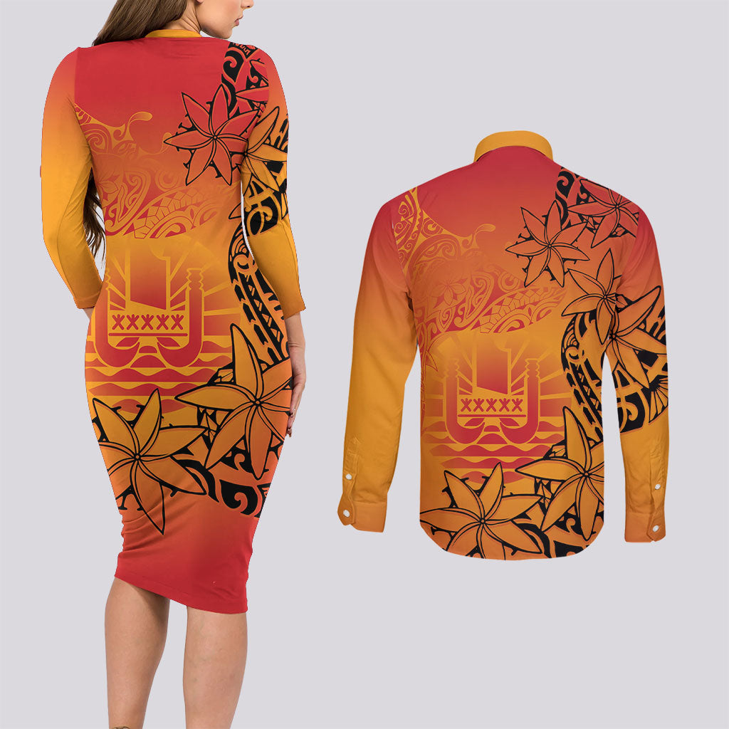 French Polynesia Manta Ray Tattoo Couples Matching Long Sleeve Bodycon Dress and Long Sleeve Button Shirt Tahiti Hahalua Tiare Maori Gradient Style