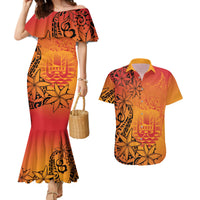French Polynesia Manta Ray Tattoo Couples Matching Mermaid Dress and Hawaiian Shirt Tahiti Hahalua Tiare Maori Gradient Style