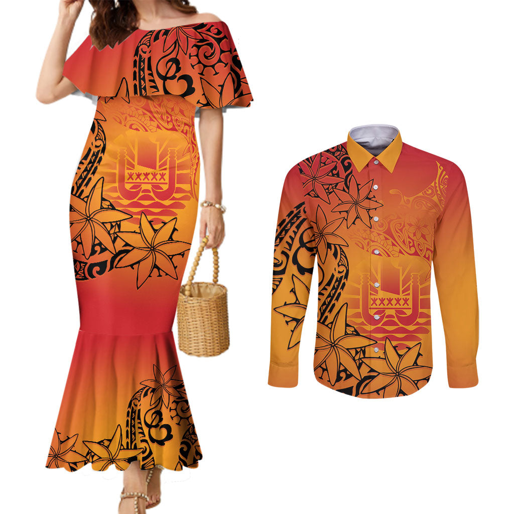 French Polynesia Manta Ray Tattoo Couples Matching Mermaid Dress and Long Sleeve Button Shirt Tahiti Hahalua Tiare Maori Gradient Style