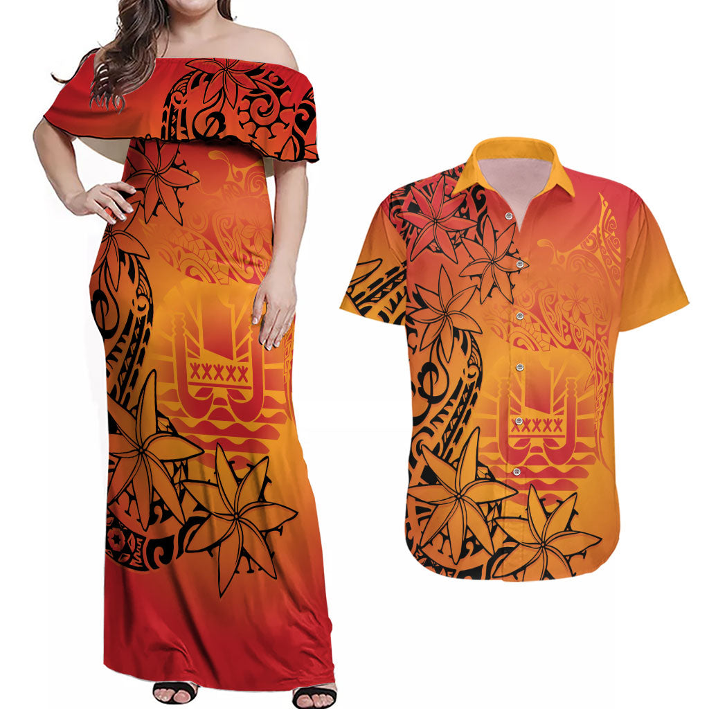 French Polynesia Manta Ray Tattoo Couples Matching Off Shoulder Maxi Dress and Hawaiian Shirt Tahiti Hahalua Tiare Maori Gradient Style