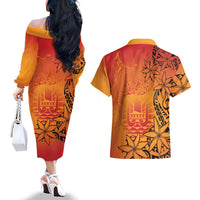 French Polynesia Manta Ray Tattoo Couples Matching Off The Shoulder Long Sleeve Dress and Hawaiian Shirt Tahiti Hahalua Tiare Maori Gradient Style