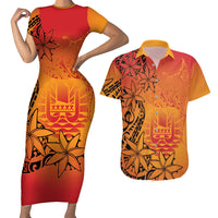 French Polynesia Manta Ray Tattoo Couples Matching Short Sleeve Bodycon Dress and Hawaiian Shirt Tahiti Hahalua Tiare Maori Gradient Style