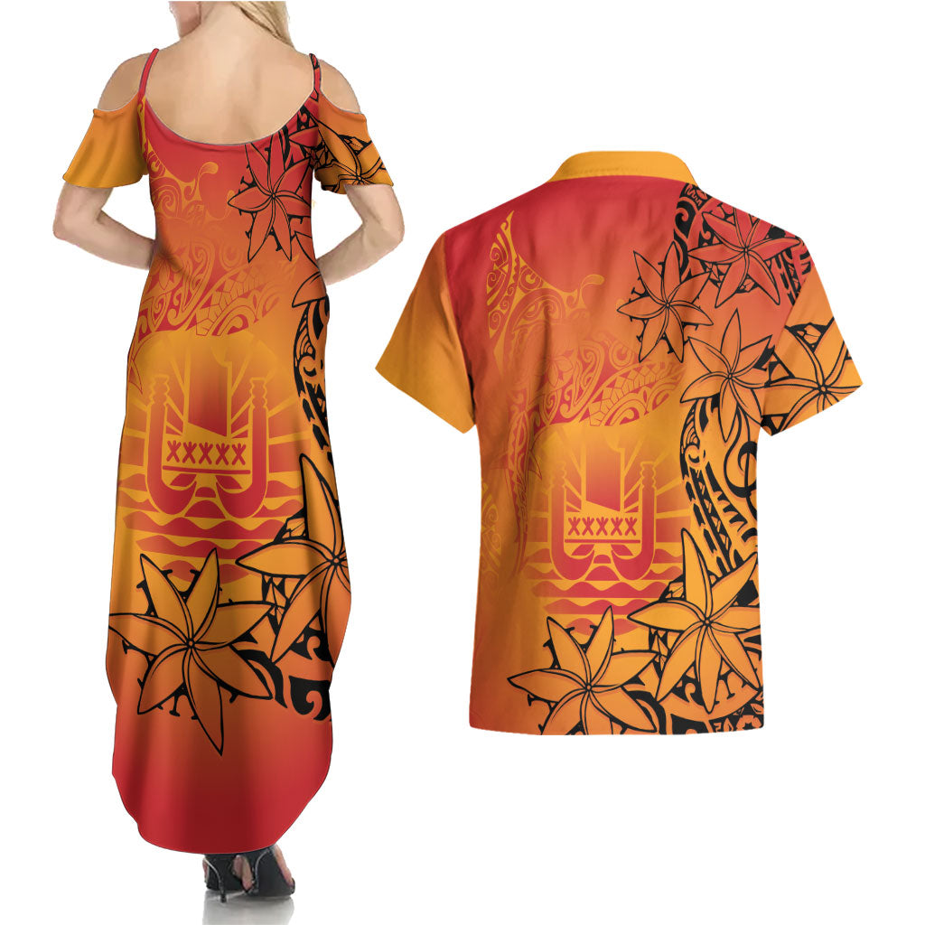 French Polynesia Manta Ray Tattoo Couples Matching Summer Maxi Dress and Hawaiian Shirt Tahiti Hahalua Tiare Maori Gradient Style