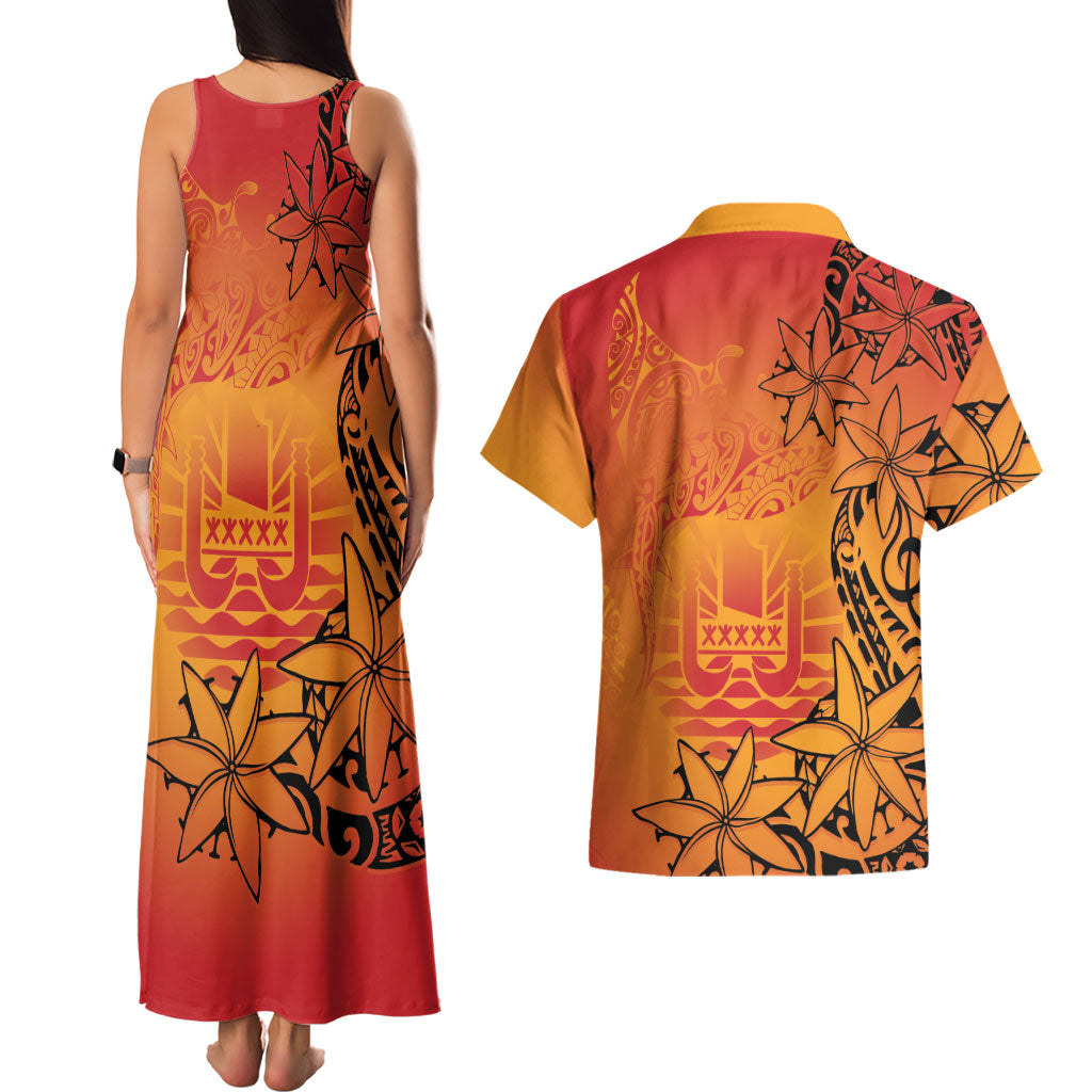French Polynesia Manta Ray Tattoo Couples Matching Tank Maxi Dress and Hawaiian Shirt Tahiti Hahalua Tiare Maori Gradient Style