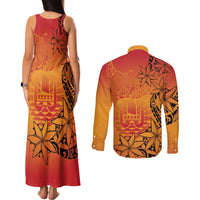 French Polynesia Manta Ray Tattoo Couples Matching Tank Maxi Dress and Long Sleeve Button Shirt Tahiti Hahalua Tiare Maori Gradient Style