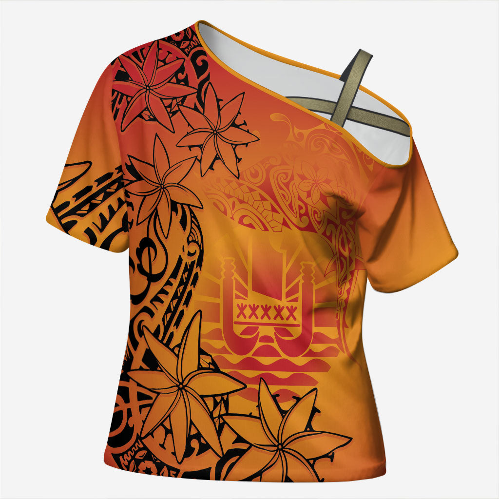 French Polynesia Manta Ray Tattoo Cross Shoulder Shirt Tahiti Hahalua Tiare Maori Gradient Style LT14 Female Orange - Polynesian Pride