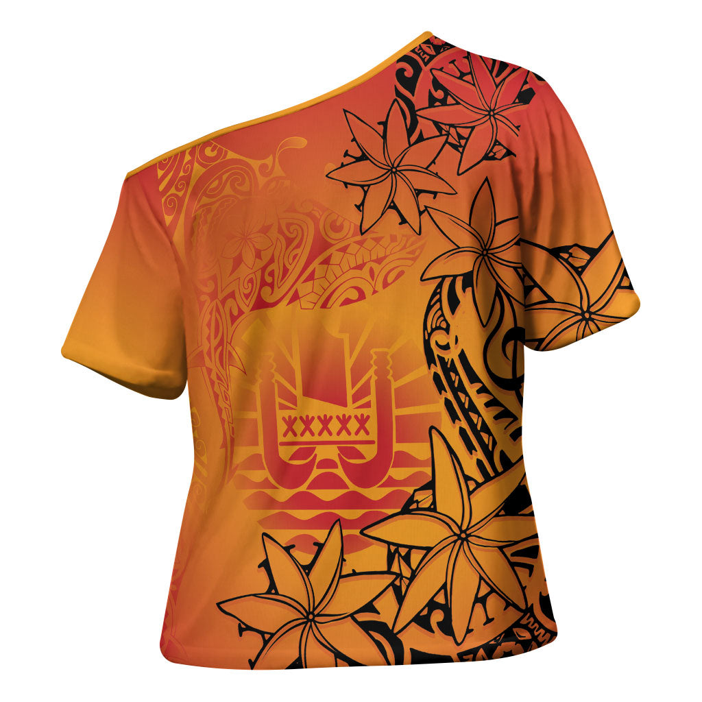 French Polynesia Manta Ray Tattoo Cross Shoulder Shirt Tahiti Hahalua Tiare Maori Gradient Style LT14 - Polynesian Pride