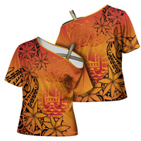 French Polynesia Manta Ray Tattoo Cross Shoulder Shirt Tahiti Hahalua Tiare Maori Gradient Style LT14 - Polynesian Pride