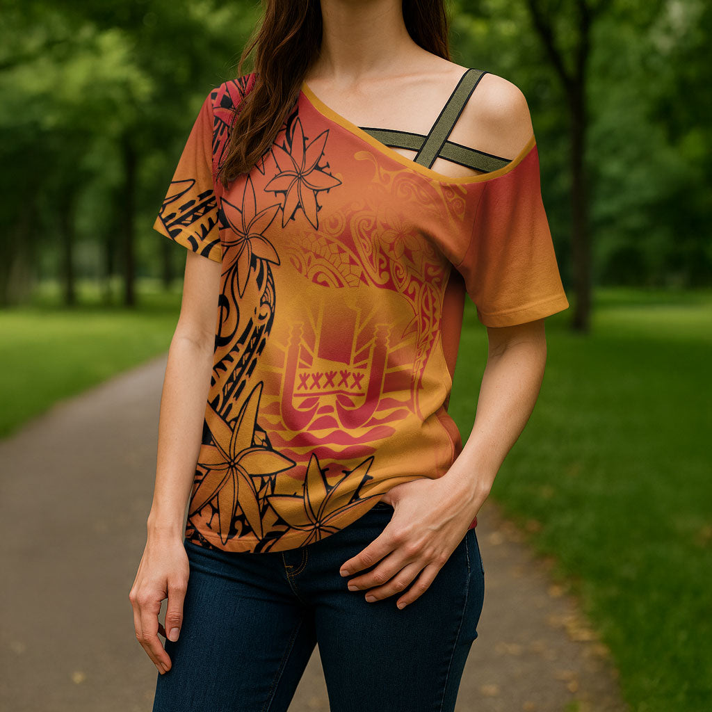 French Polynesia Manta Ray Tattoo Cross Shoulder Shirt Tahiti Hahalua Tiare Maori Gradient Style LT14 - Polynesian Pride