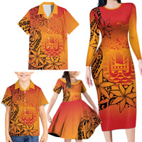 French Polynesia Manta Ray Tattoo Family Matching Long Sleeve Bodycon Dress and Hawaiian Shirt Tahiti Hahalua Tiare Maori Gradient Style