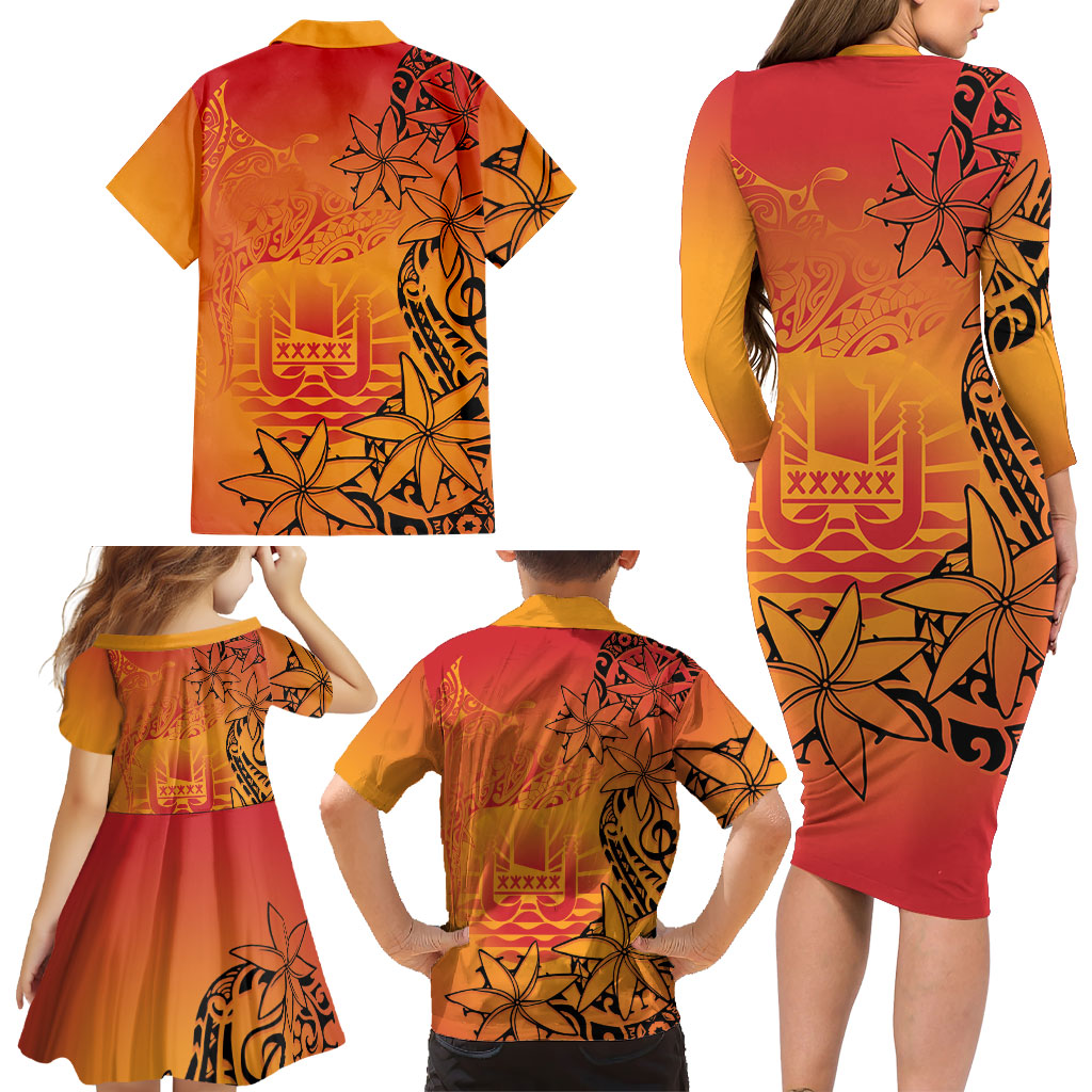 French Polynesia Manta Ray Tattoo Family Matching Long Sleeve Bodycon Dress and Hawaiian Shirt Tahiti Hahalua Tiare Maori Gradient Style