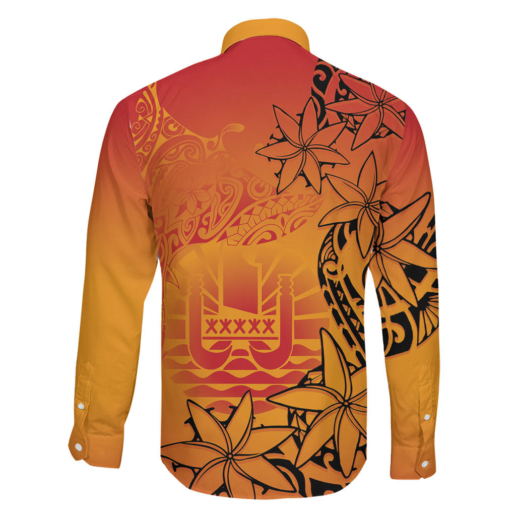 French Polynesia Manta Ray Tattoo Family Matching Off The Shoulder Long Sleeve Dress and Hawaiian Shirt Tahiti Hahalua Tiare Maori Gradient Style