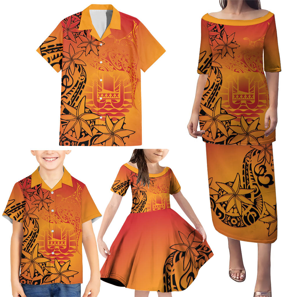 French Polynesia Manta Ray Tattoo Family Matching Puletasi and Hawaiian Shirt Tahiti Hahalua Tiare Maori Gradient Style