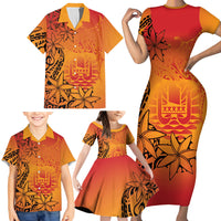 French Polynesia Manta Ray Tattoo Family Matching Short Sleeve Bodycon Dress and Hawaiian Shirt Tahiti Hahalua Tiare Maori Gradient Style