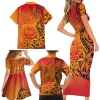 French Polynesia Manta Ray Tattoo Family Matching Short Sleeve Bodycon Dress and Hawaiian Shirt Tahiti Hahalua Tiare Maori Gradient Style