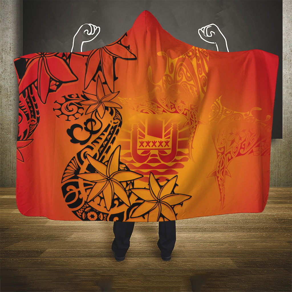French Polynesia Manta Ray Tattoo Hooded Blanket Tahiti Hahalua Tiare Maori Gradient Style LT14 - Polynesian Pride