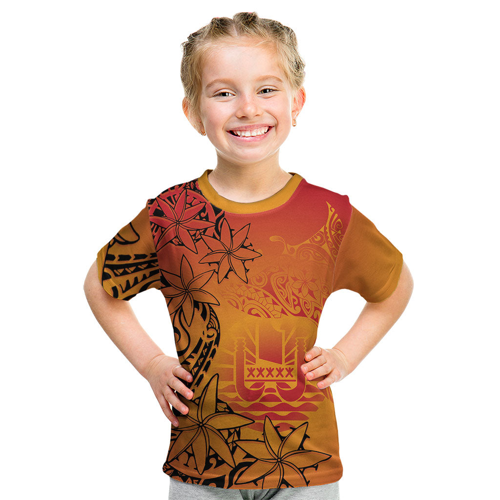 French Polynesia Manta Ray Tattoo Kid T Shirt Tahiti Hahalua Tiare Maori Gradient Style LT14 Orange - Polynesian Pride