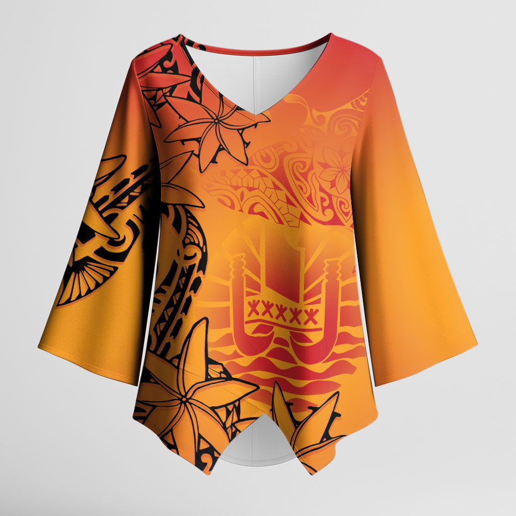 French Polynesia Manta Ray Tattoo Kimono Sleeve Blouse Tahiti Hahalua Tiare Maori Gradient Style