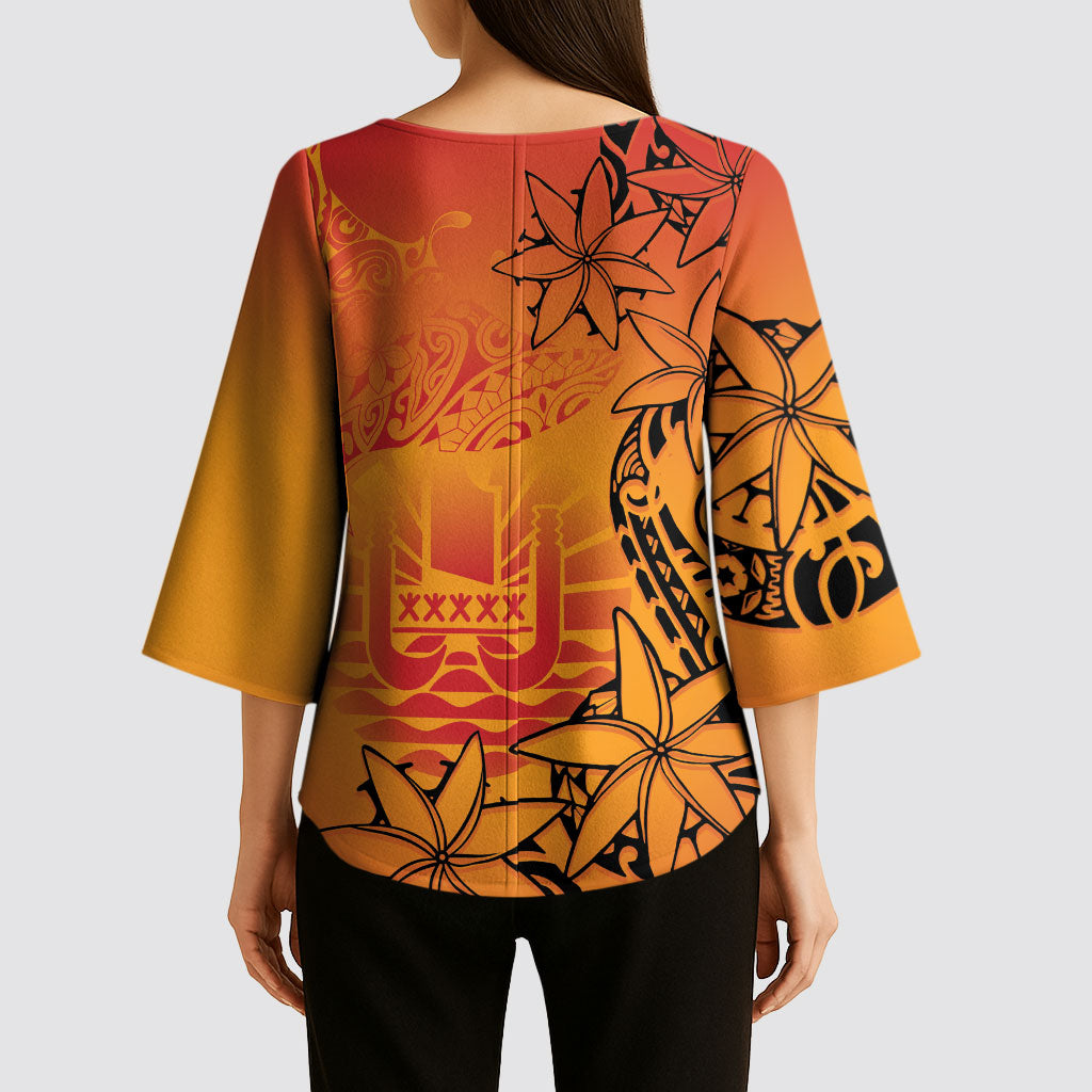 French Polynesia Manta Ray Tattoo Kimono Sleeve Blouse Tahiti Hahalua Tiare Maori Gradient Style LT14 - Polynesian Pride