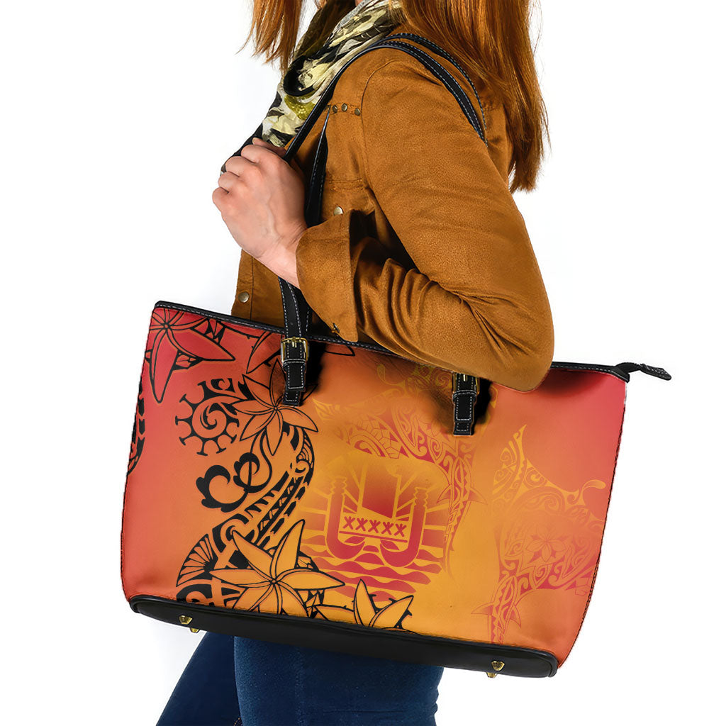French Polynesia Manta Ray Tattoo Leather Tote Bag Tahiti Hahalua Tiare Maori Gradient Style